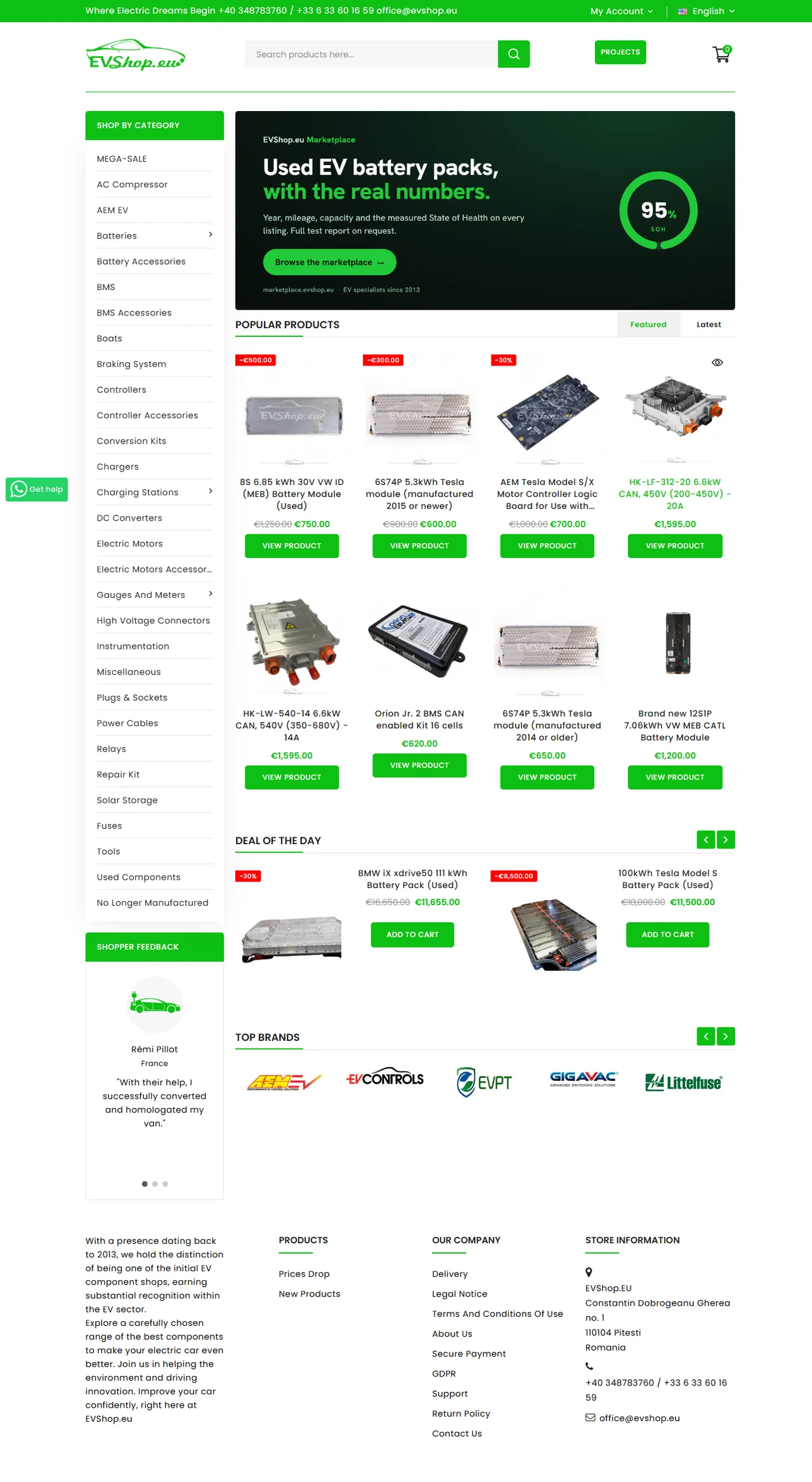 evshop.eu as captured live: green top bar, category sidebar, dark marketplace banner and a grid of EV component products