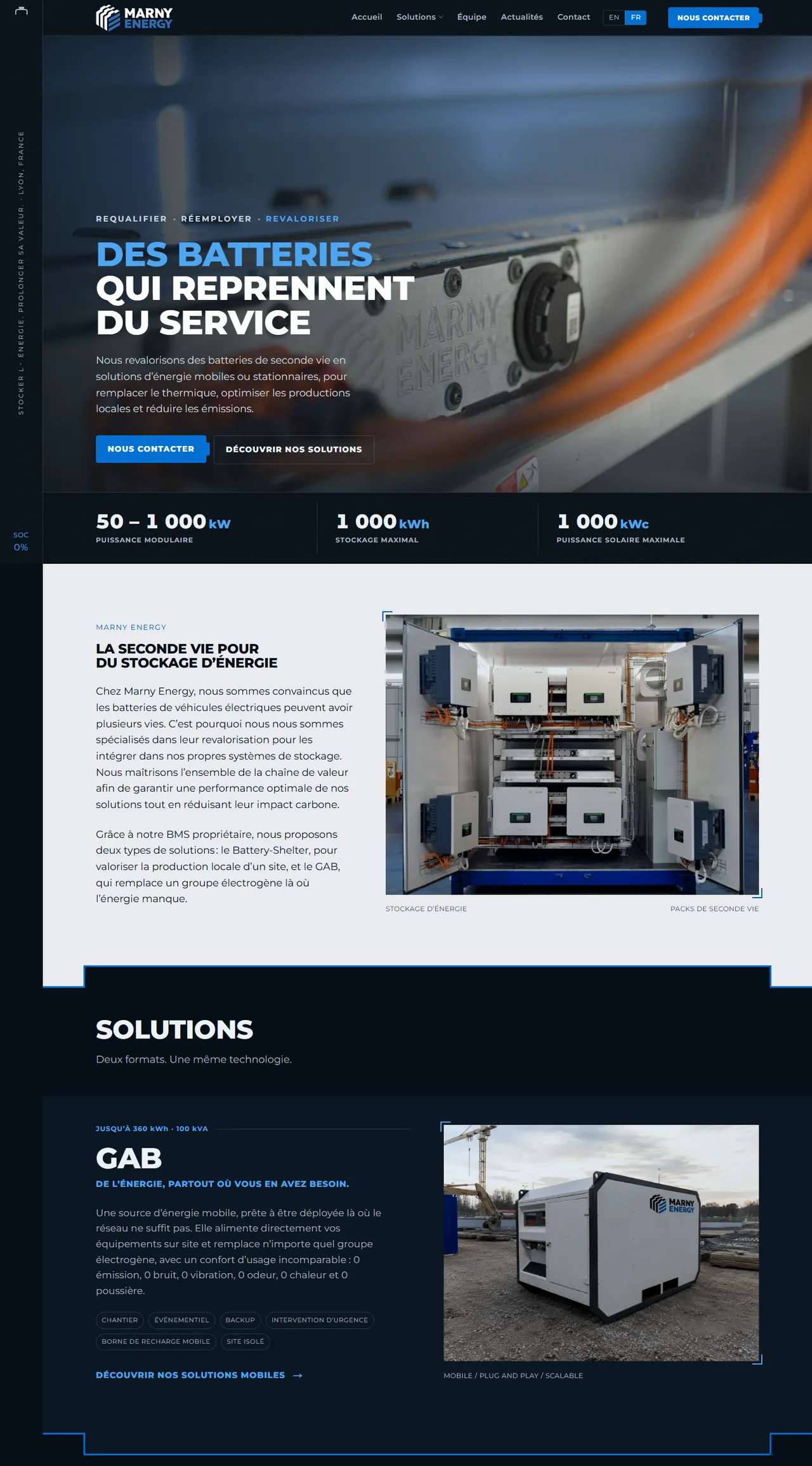 Marny Energy website: industrial battery storage and second-life battery solutions