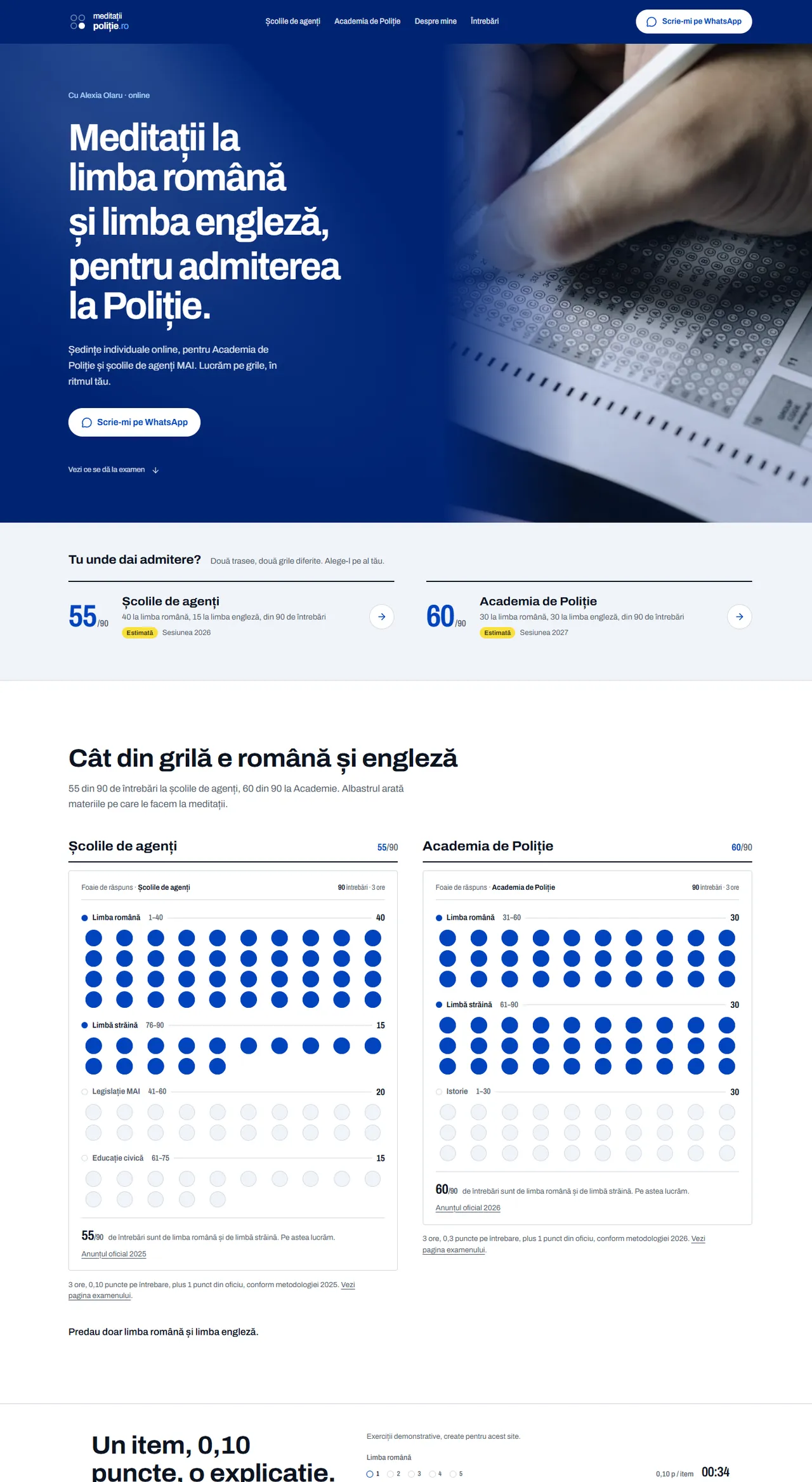 meditatiipolitie.ro as captured live: navy hero with the headline about tutoring for police admission, followed by the exam chooser and quiz sections
