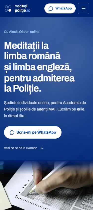 meditatiipolitie.ro on a phone, hero screen